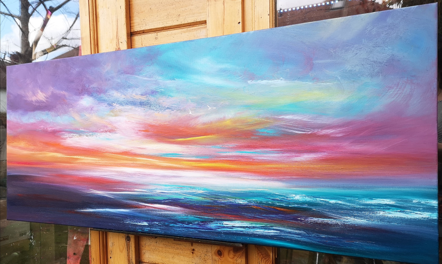 Contemplative Horizons II, 120x50cm, Large original art, sunset, sunrise, gift, blue, emotional art, seascapes, original