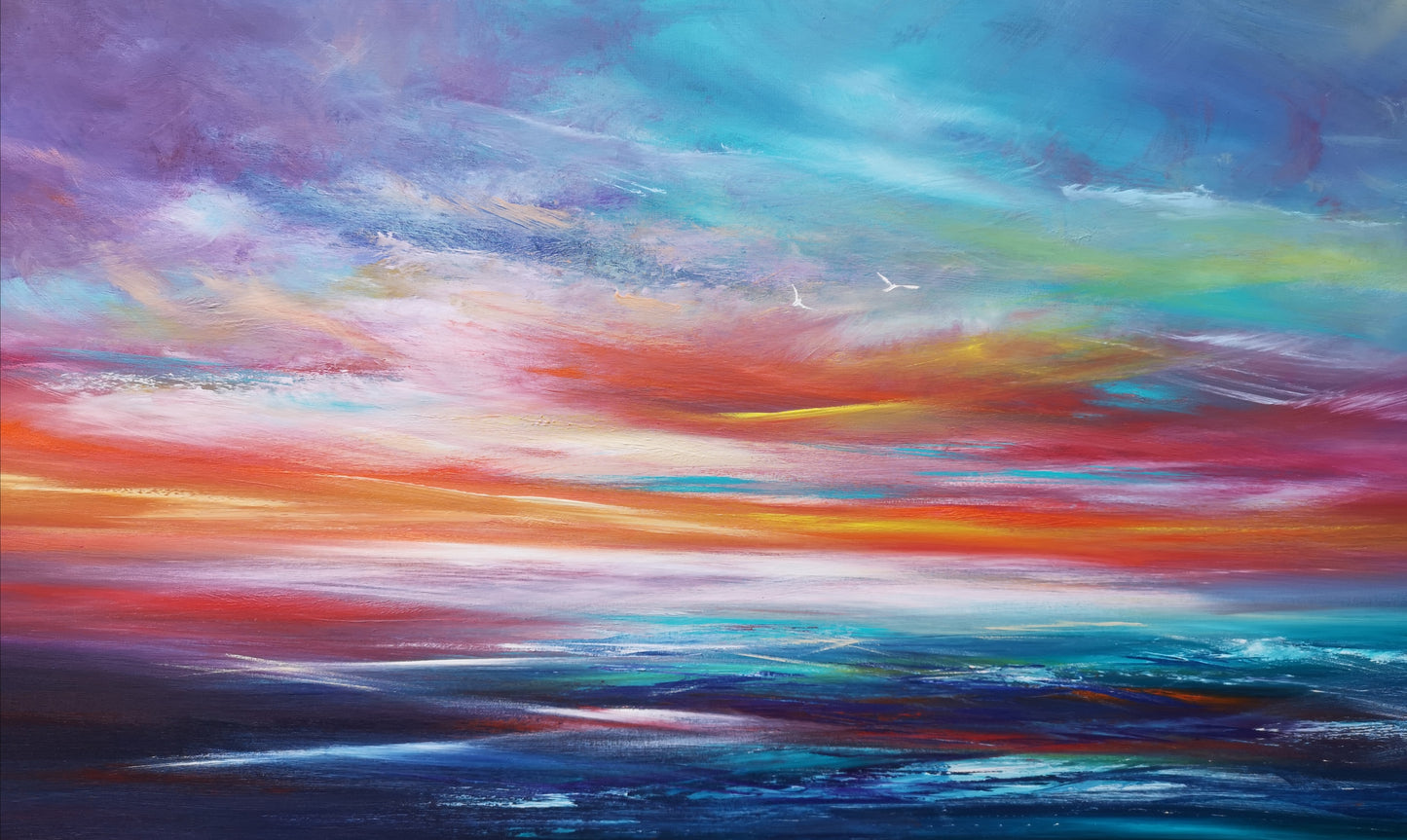Contemplative Horizons II, 120x50cm, Large original art, sunset, sunrise, gift, blue, emotional art, seascapes, original