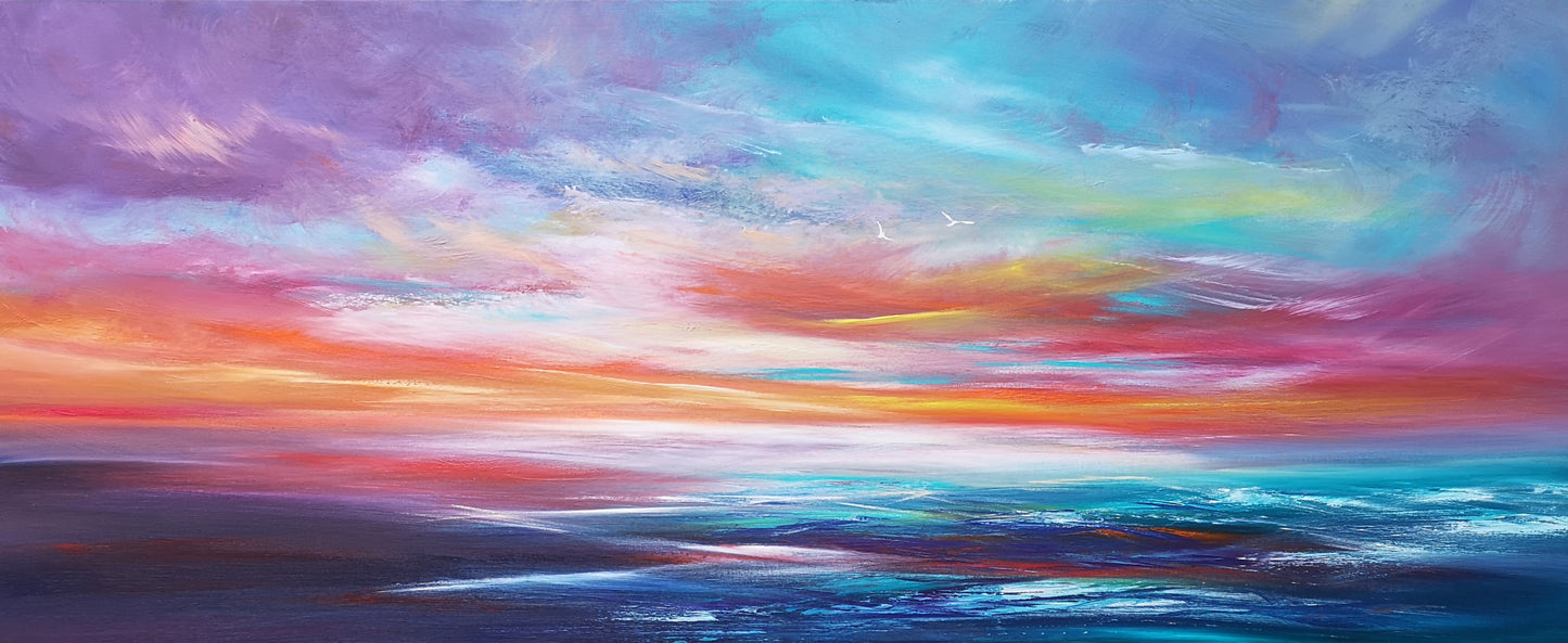 Contemplative Horizons II, 120x50cm, Large original art, sunset, sunrise, gift, blue, emotional art, seascapes, original
